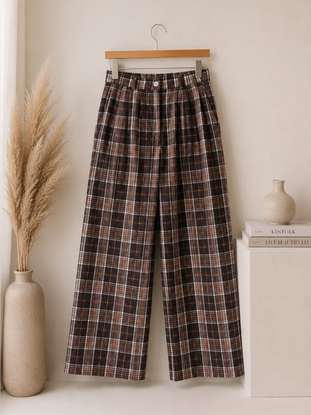 High Waisted Brown Plaid Wide Leg Women’s Pants Size S Cozy Retro